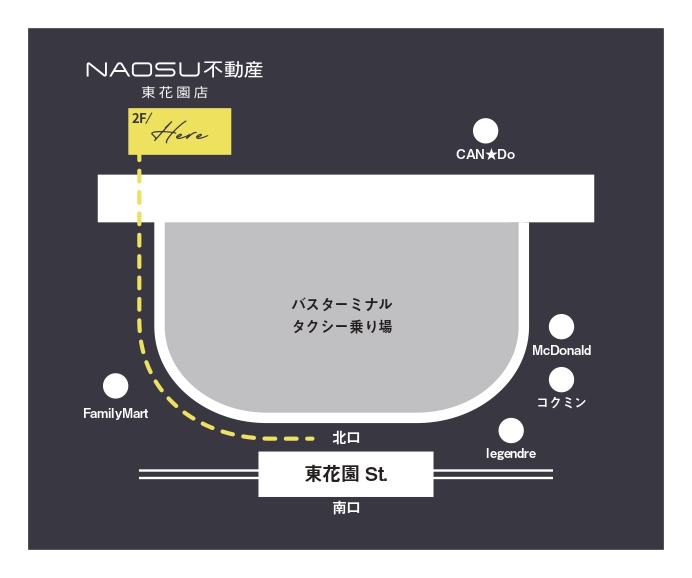 東花園駅北口からNAOSU不動産東花園店（2F）までの案内図