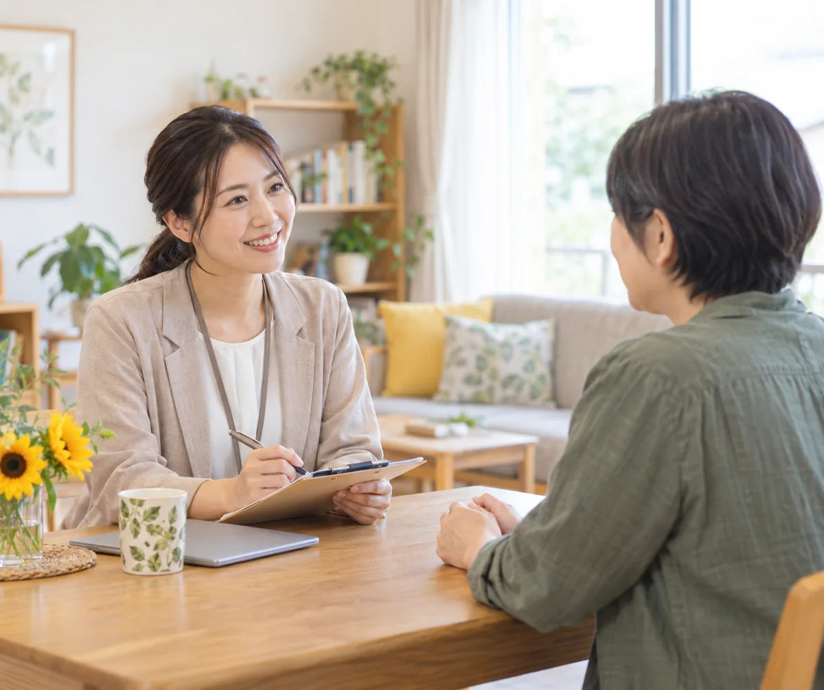 明るい相談室でスタッフが利用希望者の話を丁寧に聞いている様子